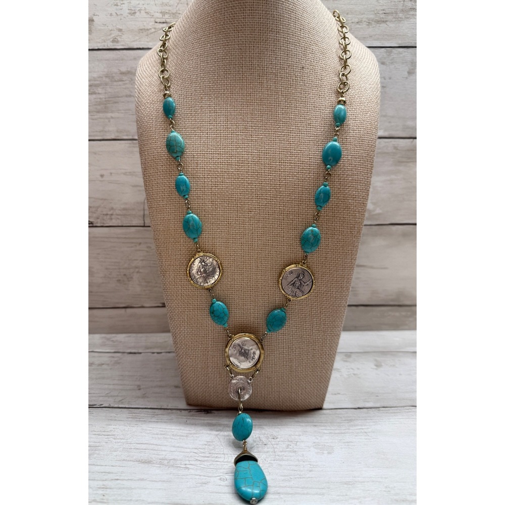 Chicos Turquoise Magnesite Coin Statement Necklace Gold Tone Boho Drop 17 Inch